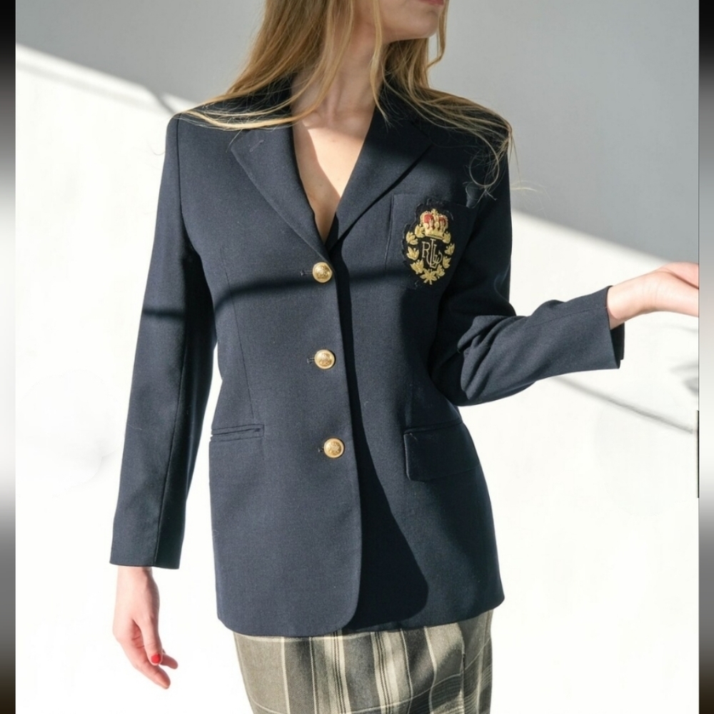 Lauren Ralph Lauren Navy Wool Blazer Signature Crown Crest Chest Pocket Sz 14